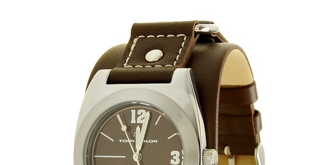 Štýlové oceľové hodinky Tom Tailor s tmavo hnedým koženým remienkom