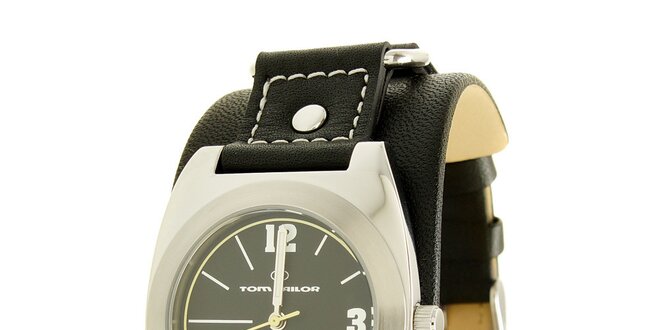 Čierne analogové hodinky s koženým remienkom Tom Tailor
