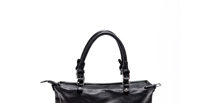 Dámska čierna kožená kabelka s ozdobnými pásikmi Carla Ferrari