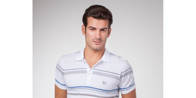 Pánske biele polo tričko s šedými a modrými prúžkami Bendorff