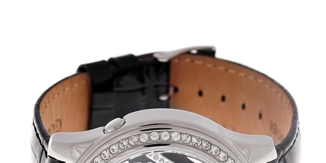 Dámske čierne hodinky Guess s koženým pásikom a transparentným ciferníkom