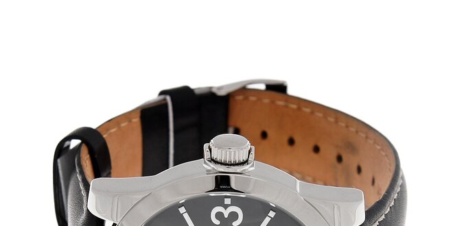Pánske čierne hodinky Guess s koženým prešívaným pásikom