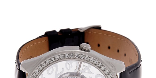 Dámske čierne hodinky Guess s koženým lakovaným pásikom a transparentným ciferníkom