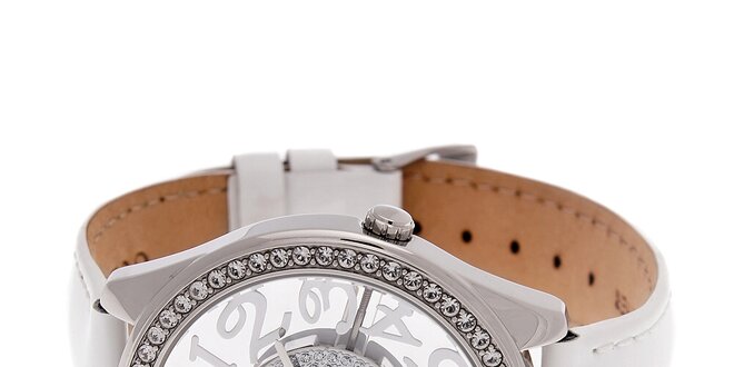 Dámske biele hodinky Guess s koženým lakovaným pásikom a transparentným ciferníkom