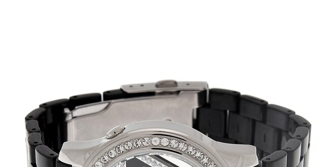 Dámske černo-striebornej náramkové hodinky Guess s transparentným ciferníkom