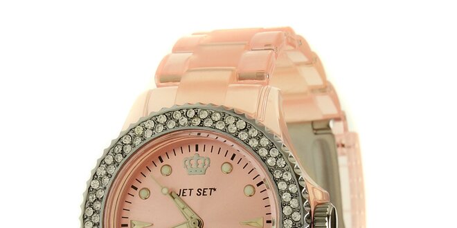 Dámske svetlo ružové hodinky Jet Set s kamienkami a transparentným remienkom