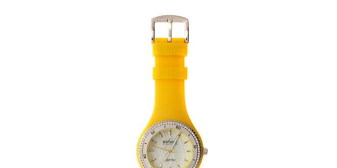 Dámske hodinky Axcent so žltým pryžovým remienkom a kamienkami