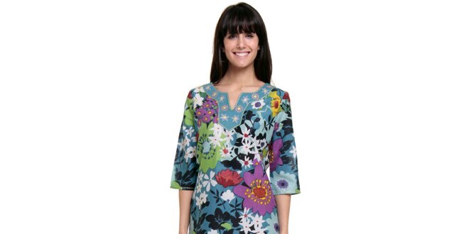 Dámske tyrkysové šaty s farebnou kvetinovou potalčou Kool