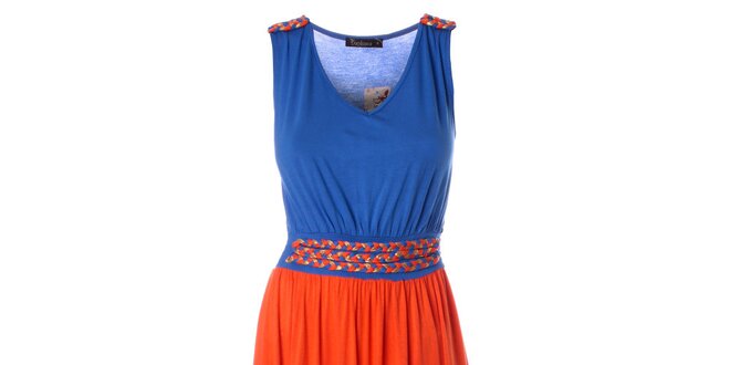 Dámske oranžovo-modré dlhšie šaty s prepletaným opaskom Daphnea