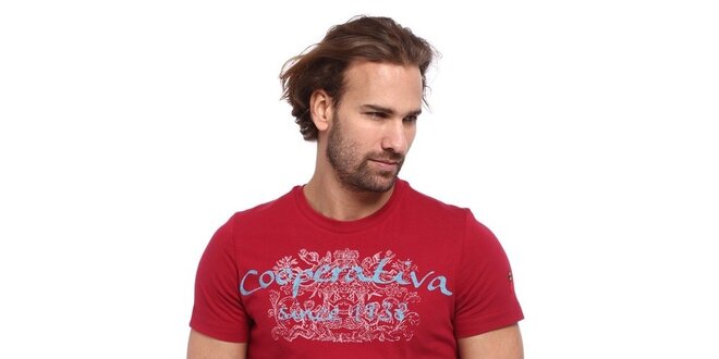 Pánske červené tričko s modro-bielou potlačou Cooperativa