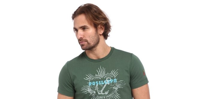 Pánske zelené tričko s potlačou kotvy Cooperativa