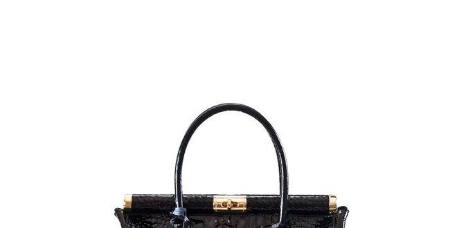Dámska čierna kabelka s krokodýlim vzorom a zlatými prvkami Luisa Vannini