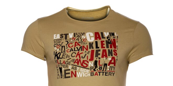 Pánske bežové tričko Calvin Klein s farebnou potlačou