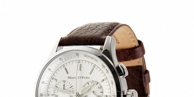 Oceľové hodinky Marc O´Polo s tmavo hnedým koženým remienkom a chronografom