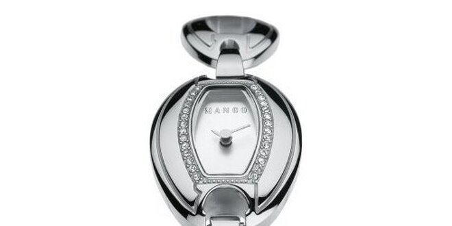 Dámske hodinky Mango s bielym ciferníkom, osadeným sklenenými kamienkamia strieborným oceľovým remienkom
