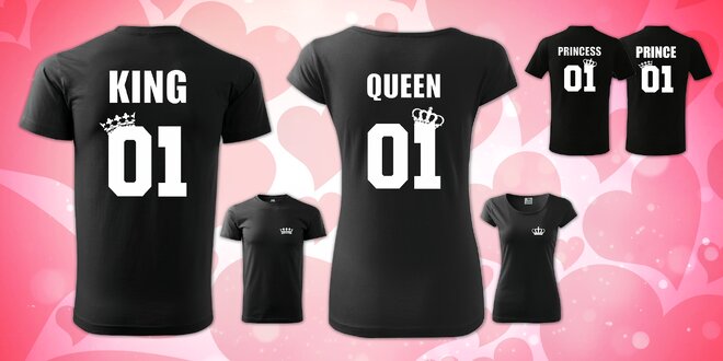 Párové tričká s potlačou King & Queen pre dospelých a Prince & Princess pre deti