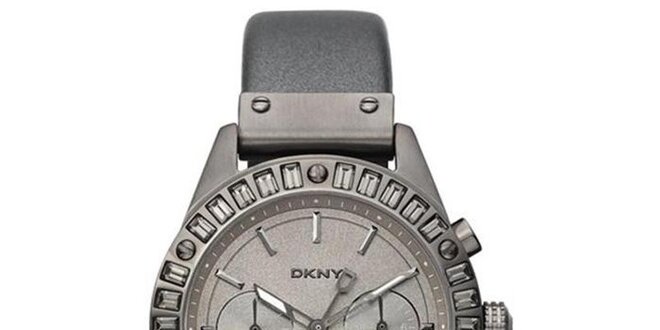 Dámske dymovo šedé oceľové hodinky DKNY s koženým remienkom