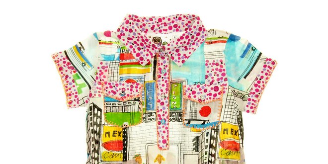 Detské pestré košeľové šaty s mestskou potlačou Peace&Love