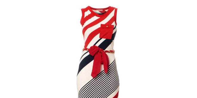 Dámske červeno-modro-biele pruhované maxišaty s opaskom Via Bellucci