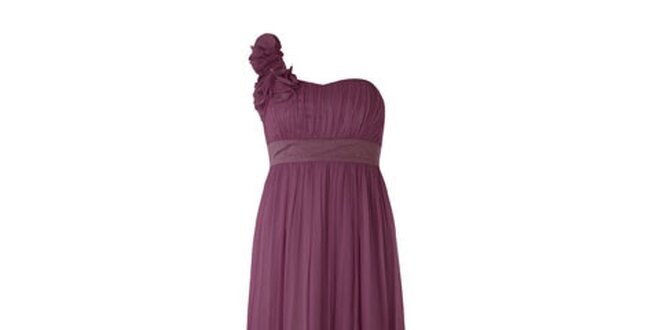 Dámske ružovo-vínové dlhé šaty s šifónovou aplikáciou na ramene Fever