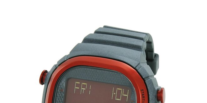 Tmavo šedé digitálne hodinky Adidas s červenými detailami