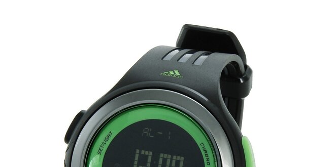 Čierne športové digitálne hodinky Adidas so zelenými detailami