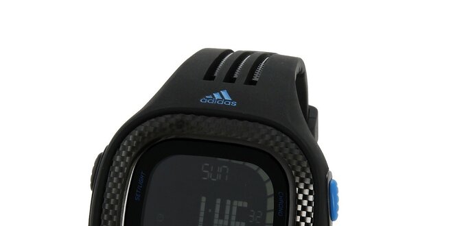 Čierne digitálne hodinky Adidas s modrými detailami