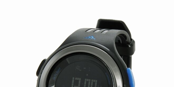 Čierne digitálne hodinky Adidas s modrými detailami