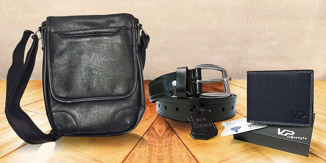 Kožený set pre elegánov: Kožená peňaženka, opasok a taška