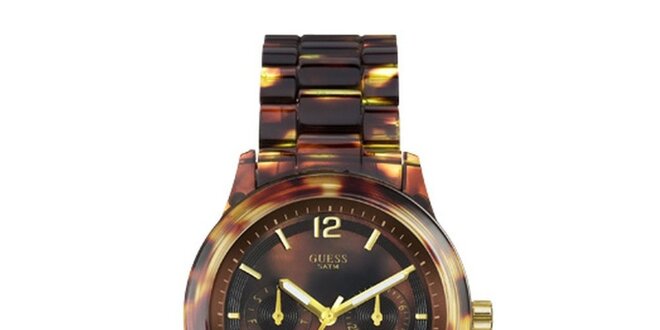 Dámske jantárovo žíhané hodinky so zlatými detailmi Guess