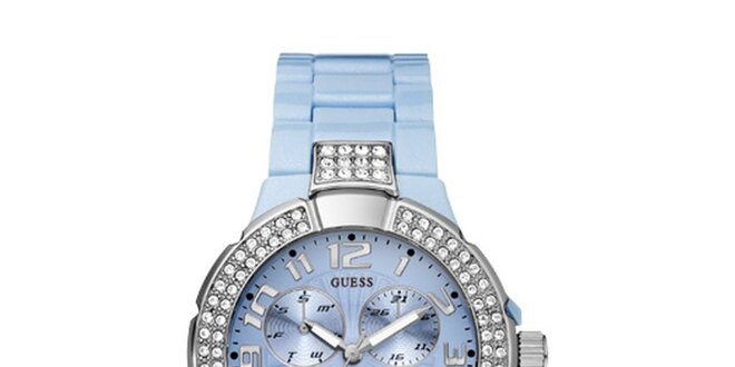 Dámske svetlo modré hodinky s kryštálikmi Guess