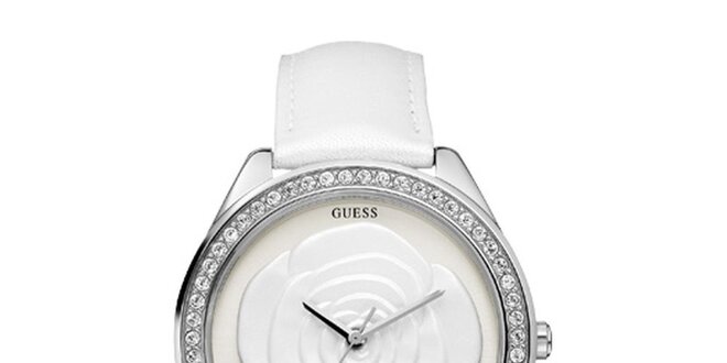 Dámske biele analogové hodinky s ružou Guess