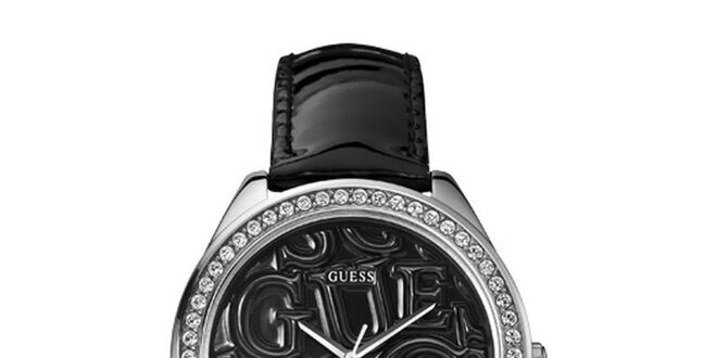 Dámske čierne analogové hodinky s kryštálmi Guess