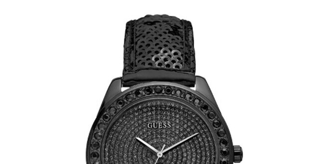 Dámske čierne hodinky s kryštálmi a flitrovým remienkom Guess