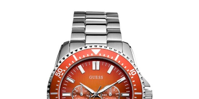 Pánske strieborné hodinky s oranžovým ciferníkom Guess