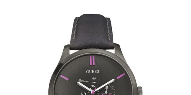 Pánske čierne analogové hodinky s fialovými detailami Guess