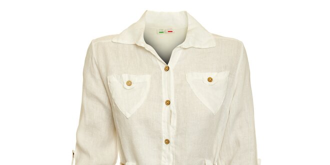 Dámska biela košeľa s karamelovým opáskom Puro Lino