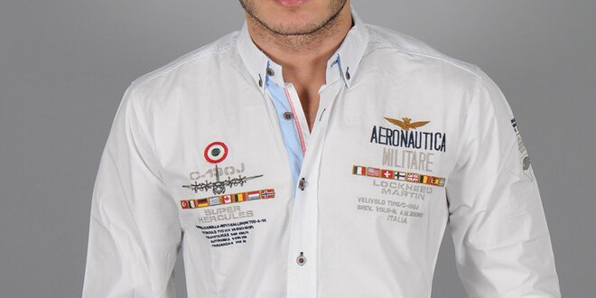 Pánska biela košeľa s nášivkami Aeronautica Militare