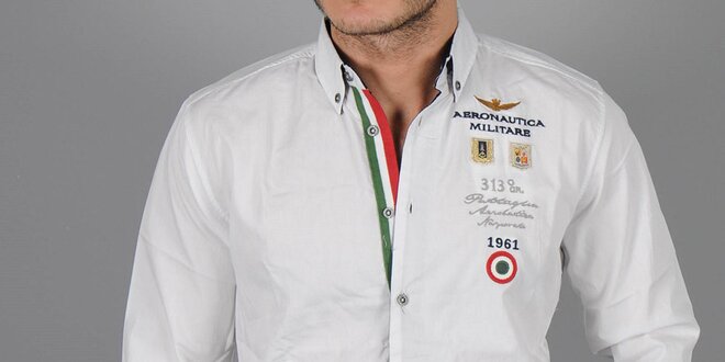 Pánska biela košeľa s nášivkami a talianskými pruhmi Aeronautica Militare