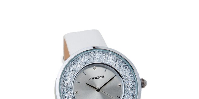 Dámske strieborné hodinky Sinobi s bielym remienkom