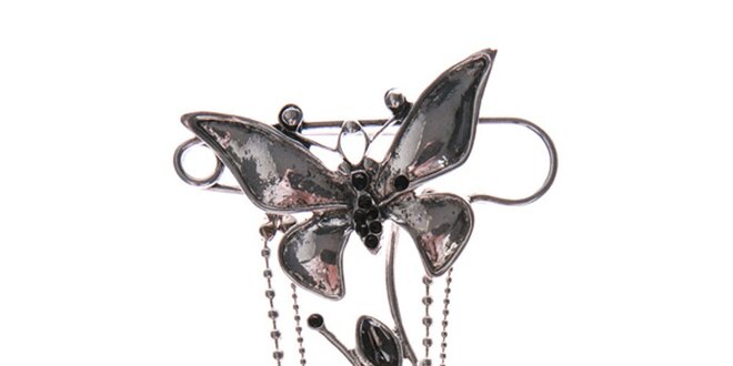 Dámska šedo-čierna visiaca brošňa Brillant'in v tvare motýla