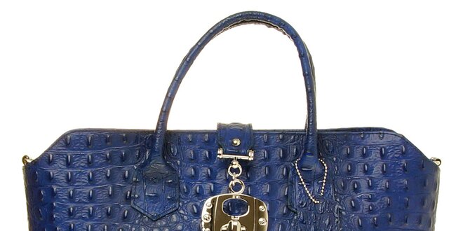 Dámska královsky modrá kožená kabelka s krokodýlím vzorom a kovovým zámčekom