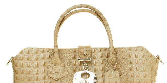 Dámska béžová kožená kabelka s krokodýlím vzorom a kovovým zámčekom