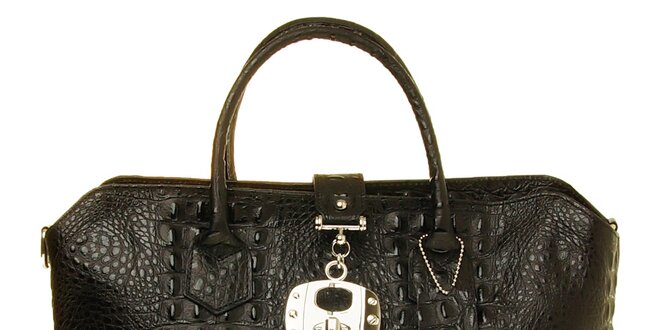 Dámska čierna kožená kabelka s krokodýlím vzorom a kovovým zámčekom