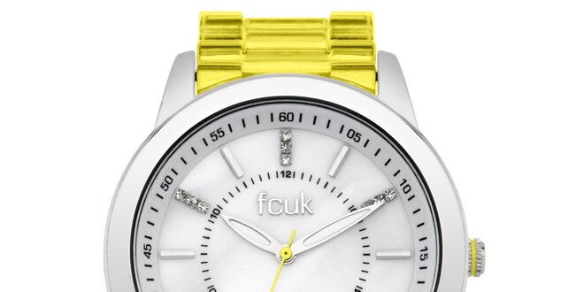 Dámske oceľové hodinky French Connection so žltým plastovým remienkom a kamienkami