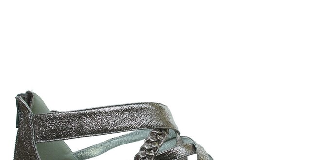 Dámske strieborné metalické sandálky s copíkovými pásikmi Vanelli