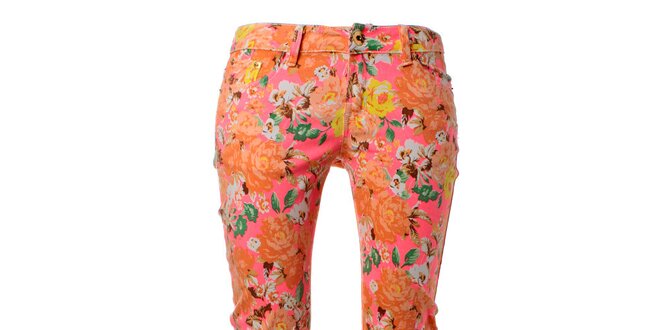 Dámske ružové skinny nohavice Kzell s kvetinovou potlačou