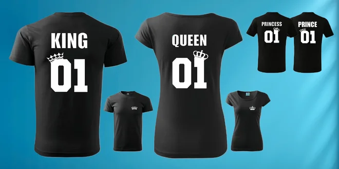 Párové tričká s potlačou King & Queen pre dospelých a Prince & Princess pre deti