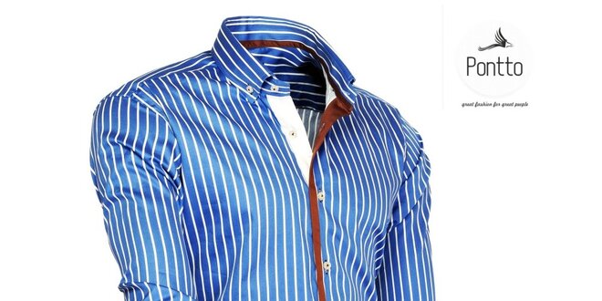 Pánska modrá prúžkovaná košeľa Pontto s hnedými lemami