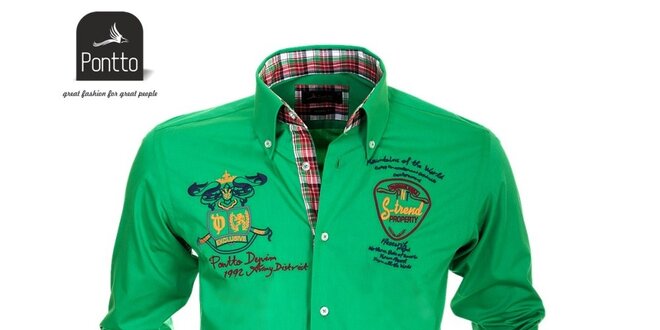 Pánska zelená košeľa s nášivkami Pontto